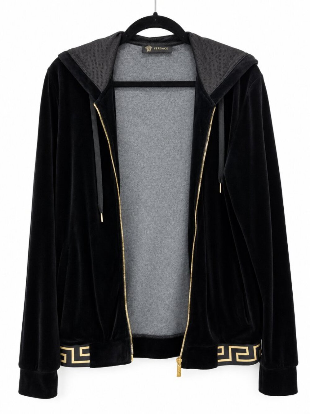 Versace Collection Black Velour Greca Gold Zip Hoodie Jacket